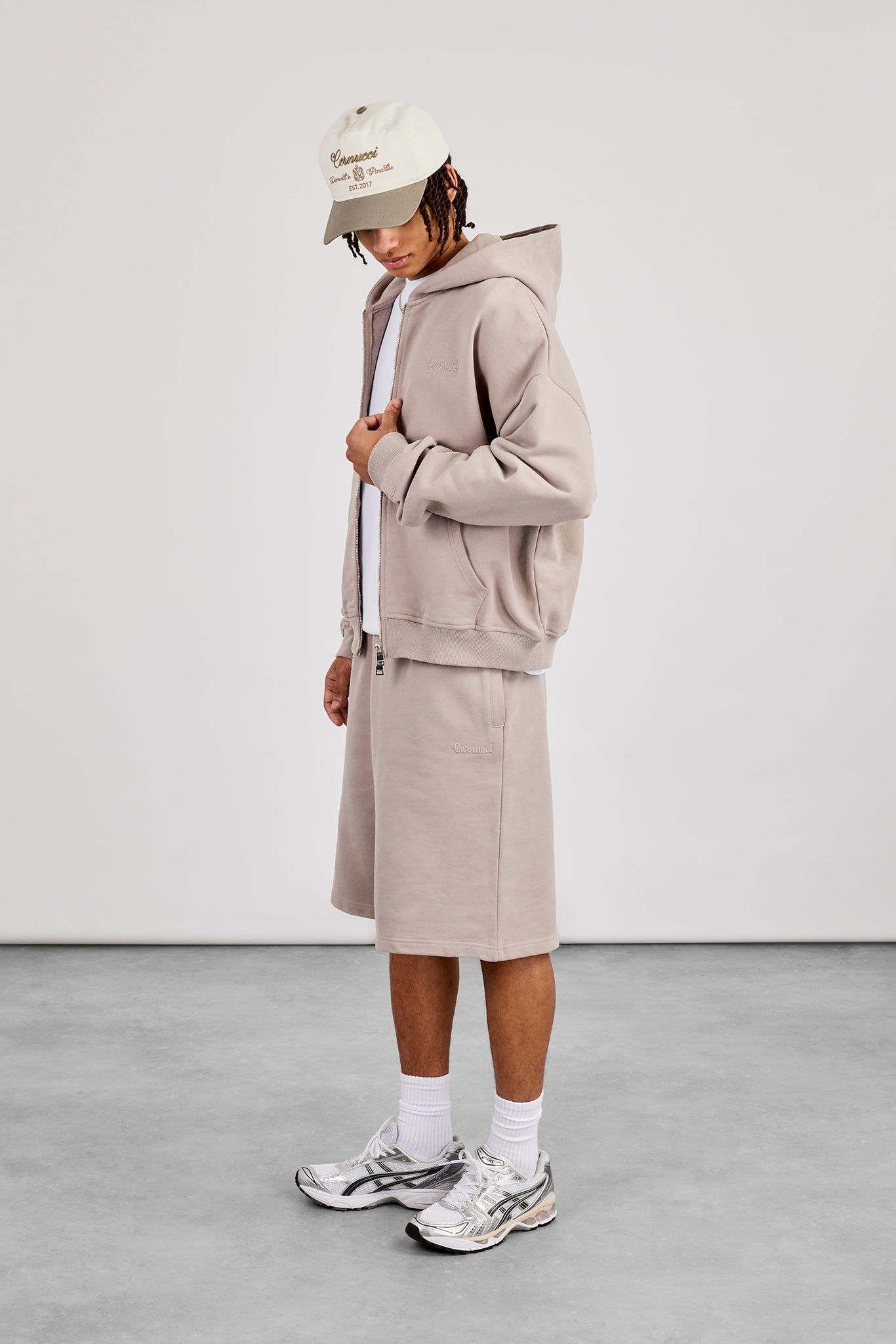 Zip Through Boxy Hoodie & Embroidered Jersey Jort - Stone